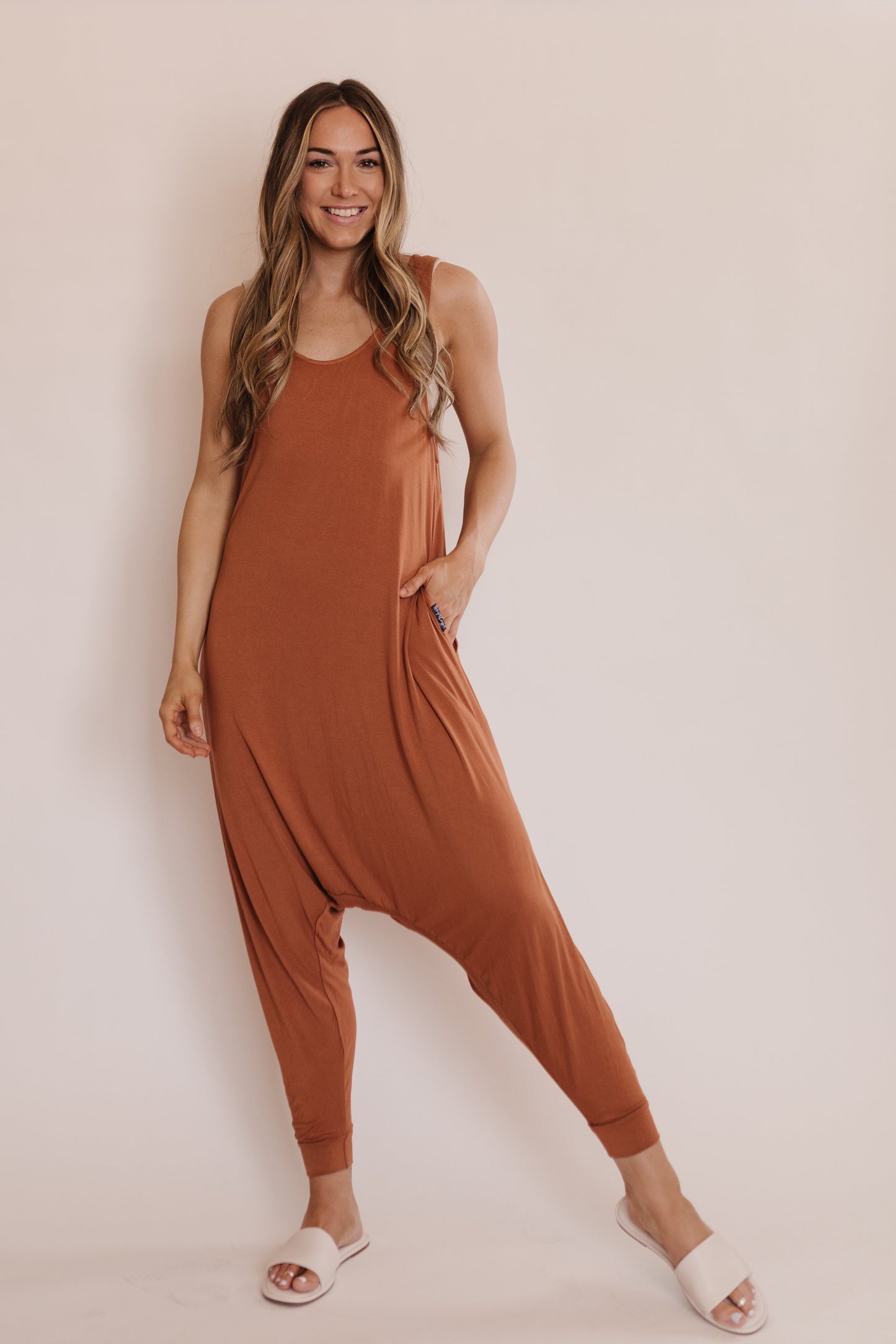 Terra Burnt Orange Momper Romper jumpsuit.