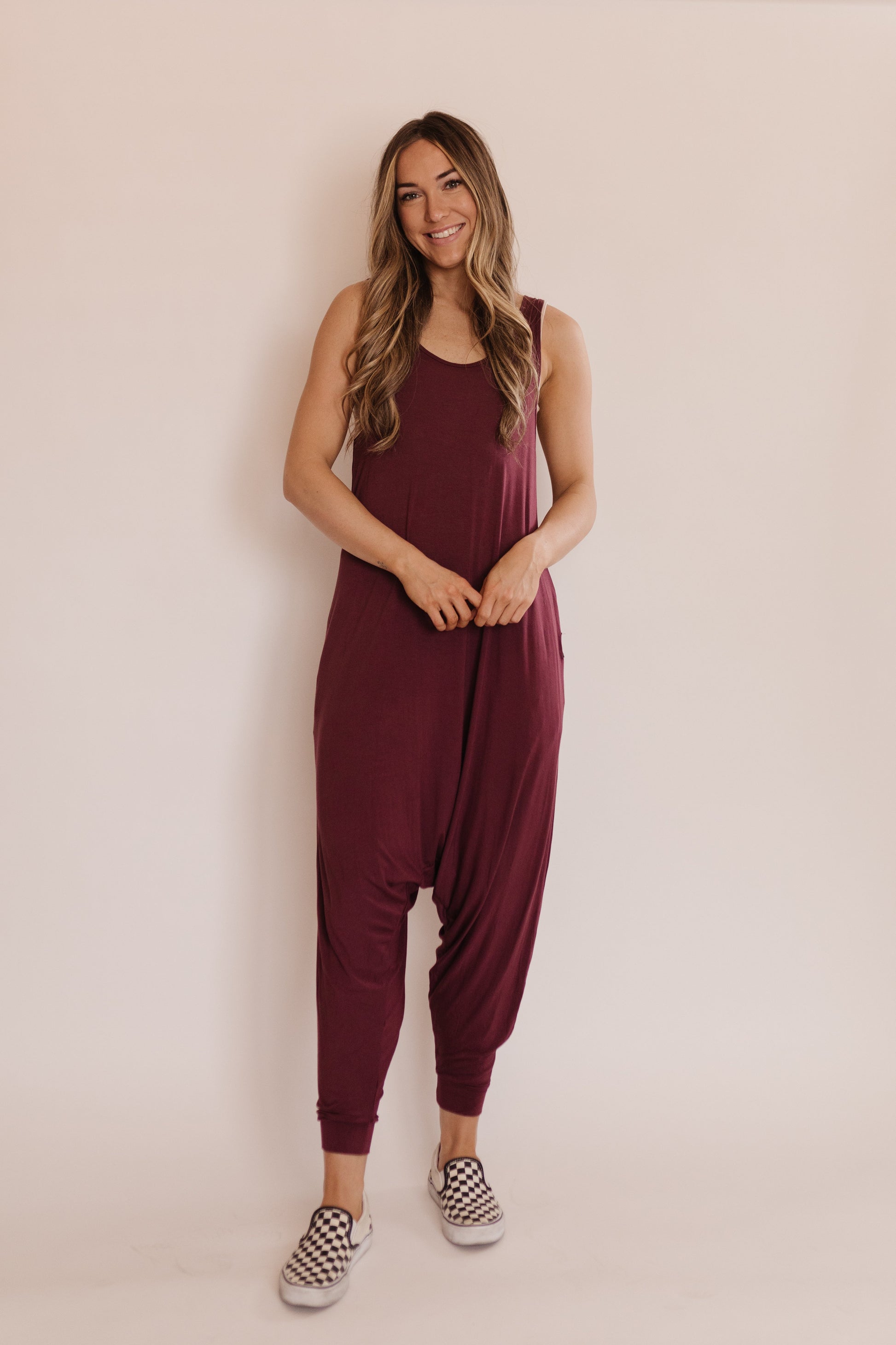 Momper Romper jumpsuit in desert rose purple.