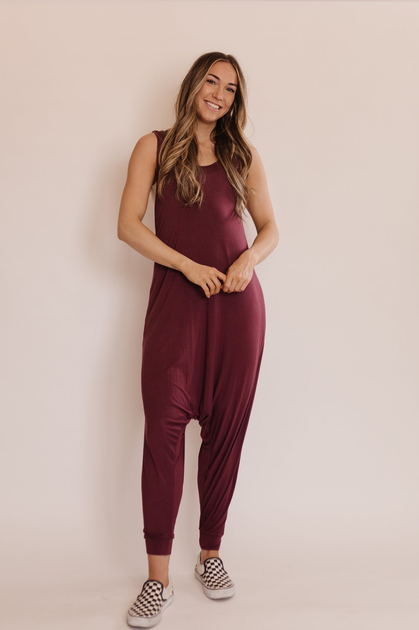 Momper Romper jumpsuit in desert rose purple.