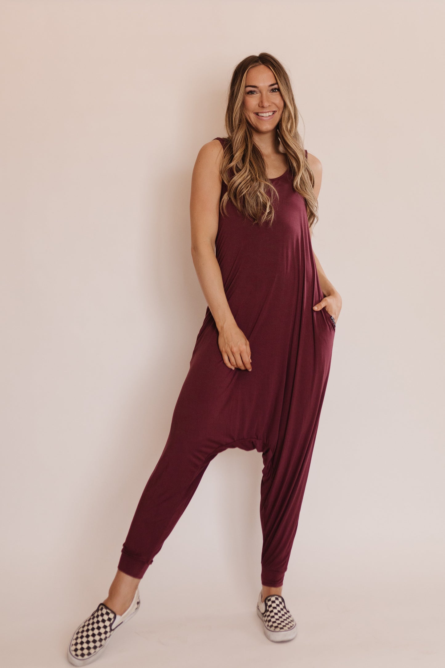 Momper Romper jumpsuit in desert rose purple.