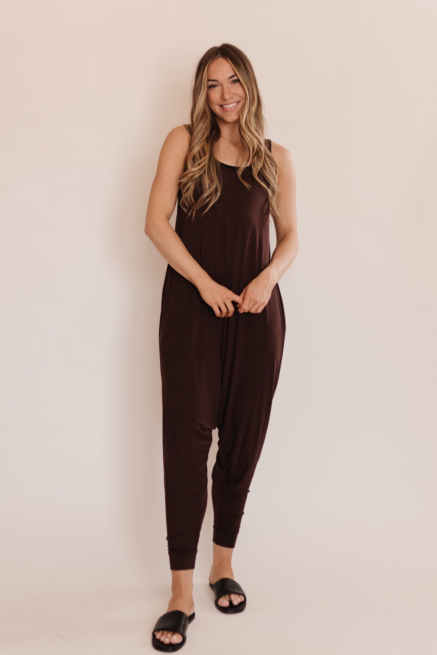 Momper Romper jumpsuit in Espresso Brown.