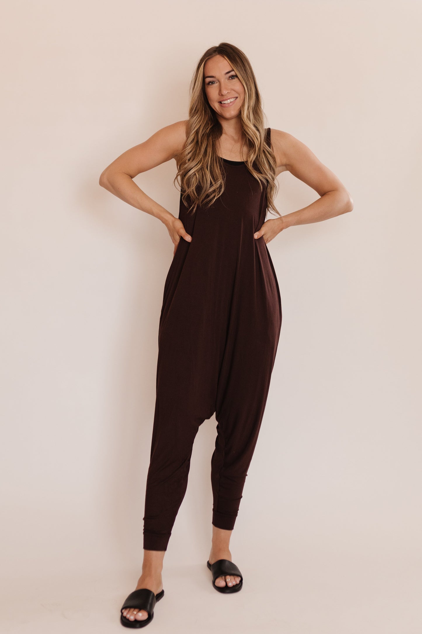 Momper Romper jumpsuit in Espresso Brown.