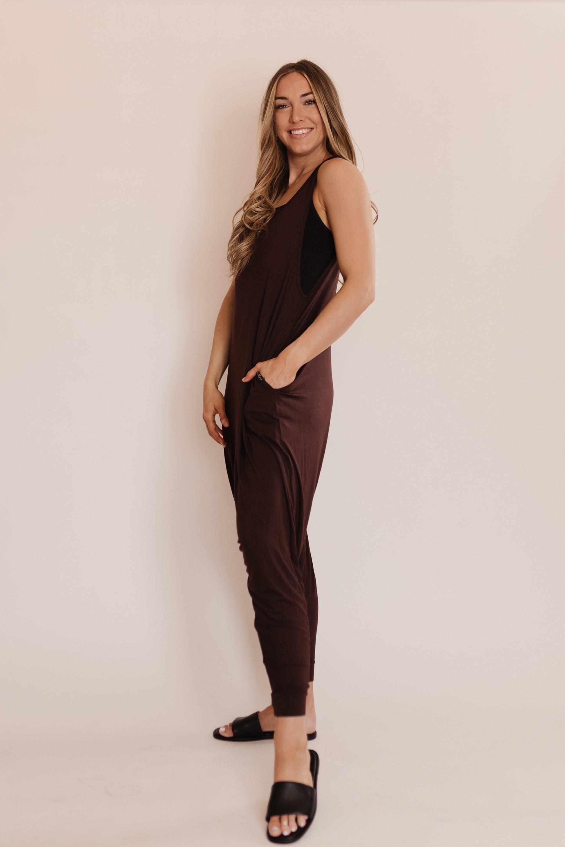 Momper Romper jumpsuit in Espresso Brown.