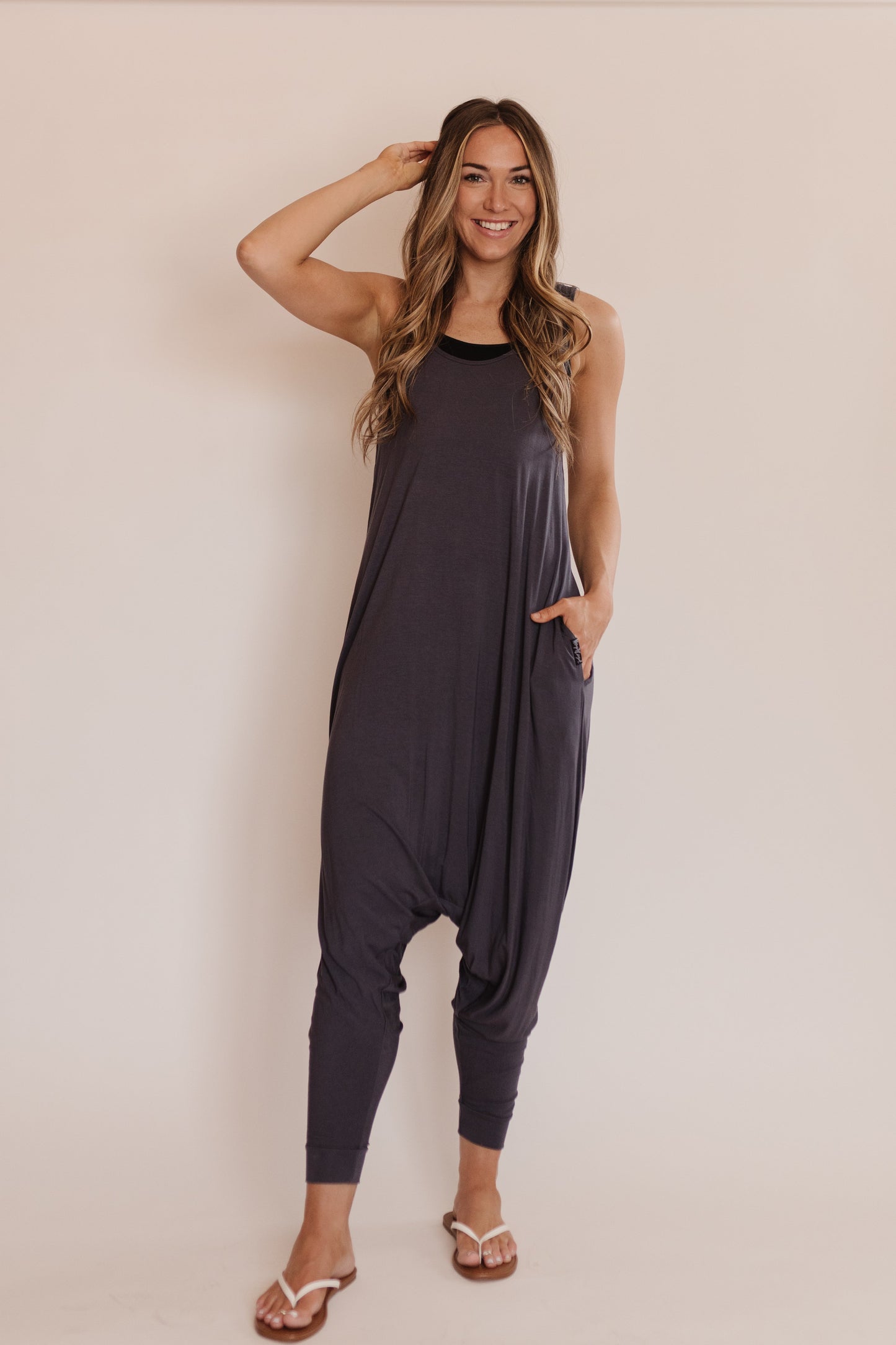 Momper Romper jumpsuit in slate blue.