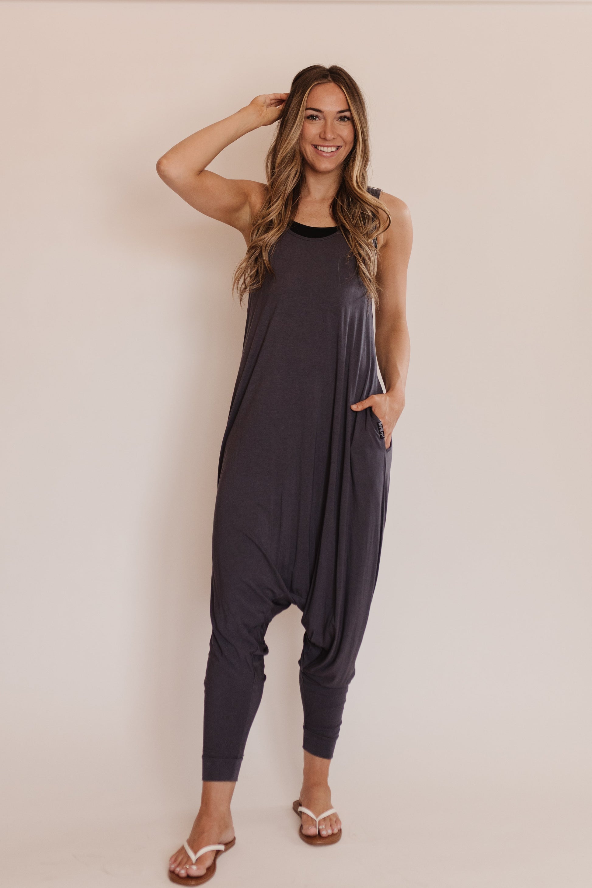 Momper Romper jumpsuit in slate blue.