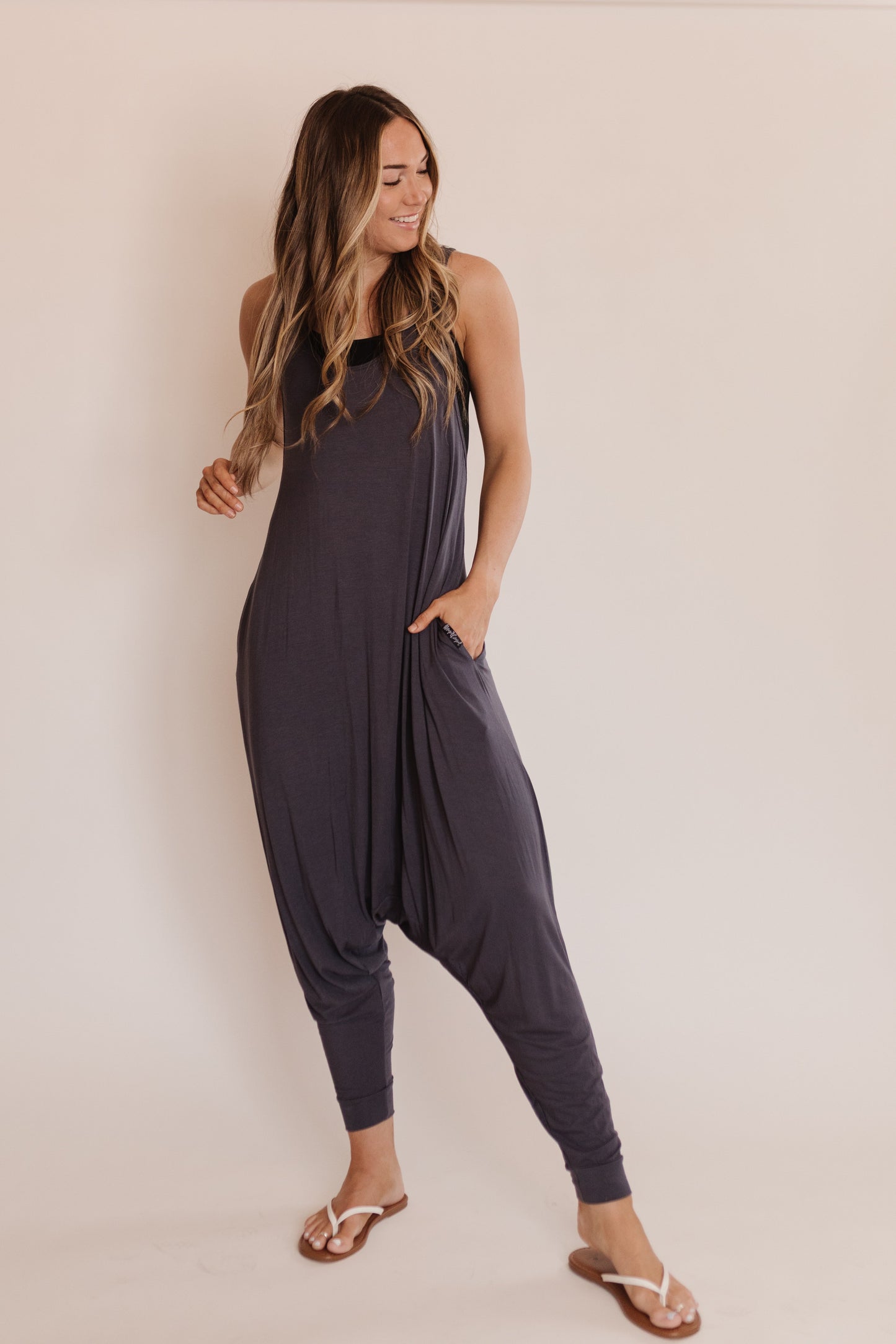 Momper Romper jumpsuit in slate blue.