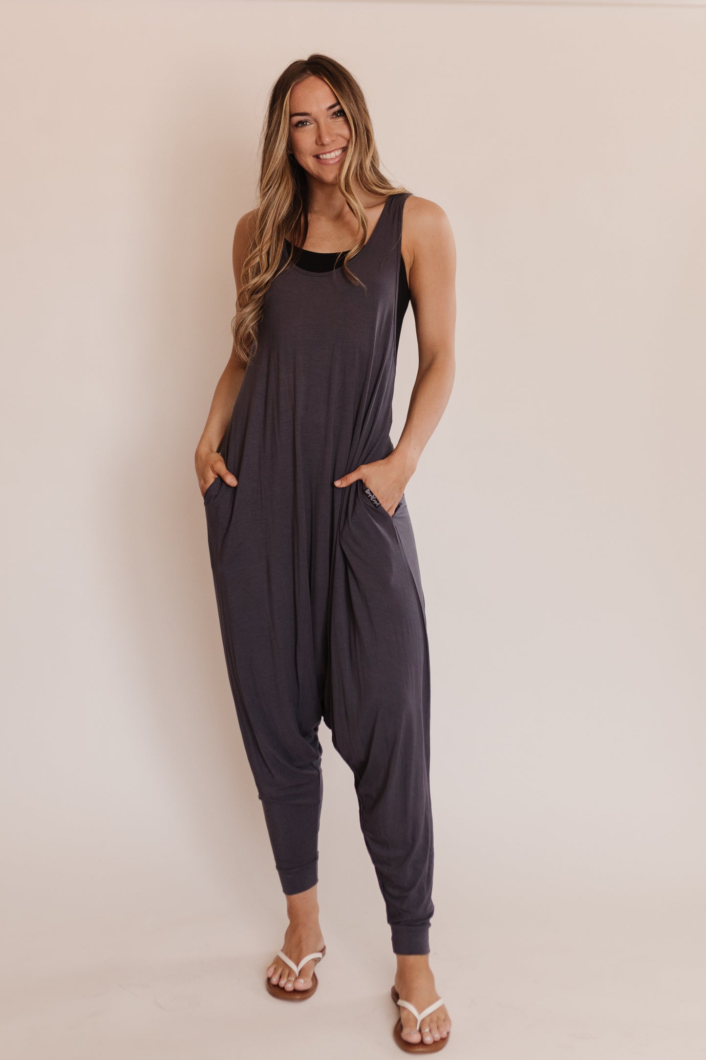 Momper Romper Jumpsuit in Slate Blue.