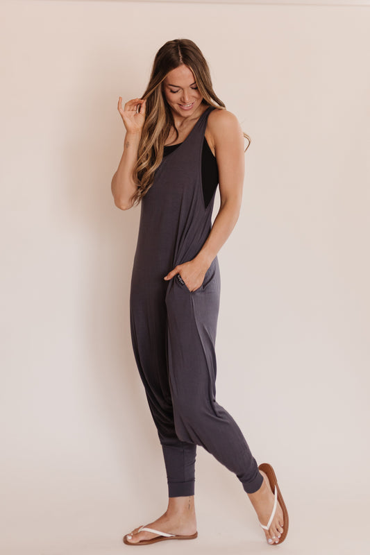 Momper Romper Jumpsuit in Slate Blue.