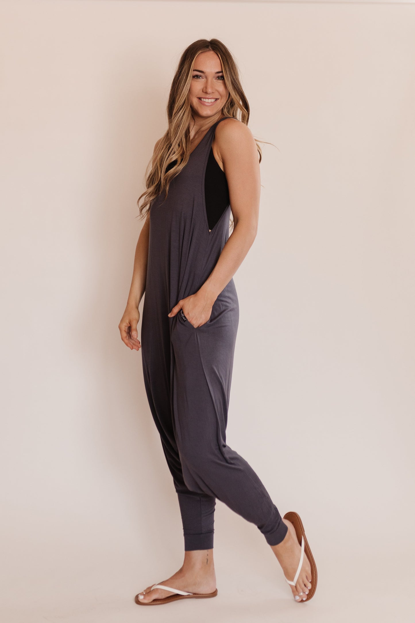 Momper Romper Jumpsuit in Slate Blue.