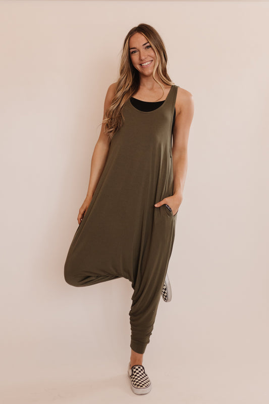 Momper Romper jumpsuit in olive green.