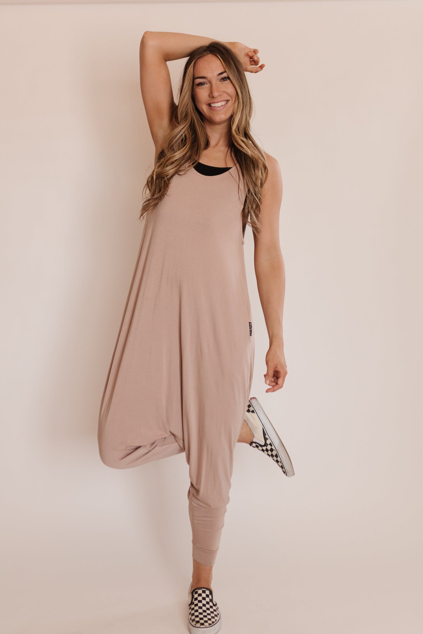 Momper Romper jumpsuit in taupe pink.