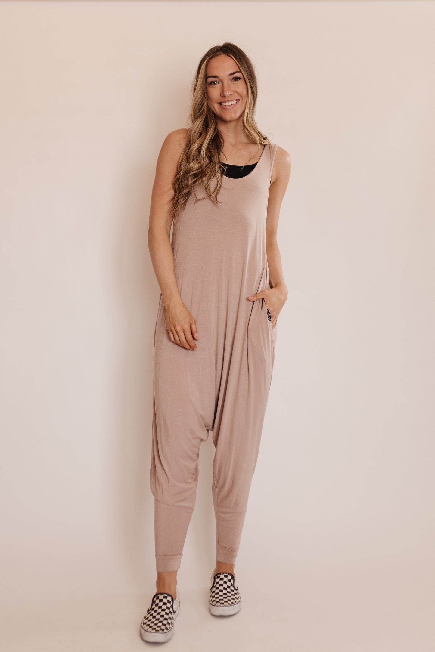 Momper Romper jumpsuit in taupe pink.