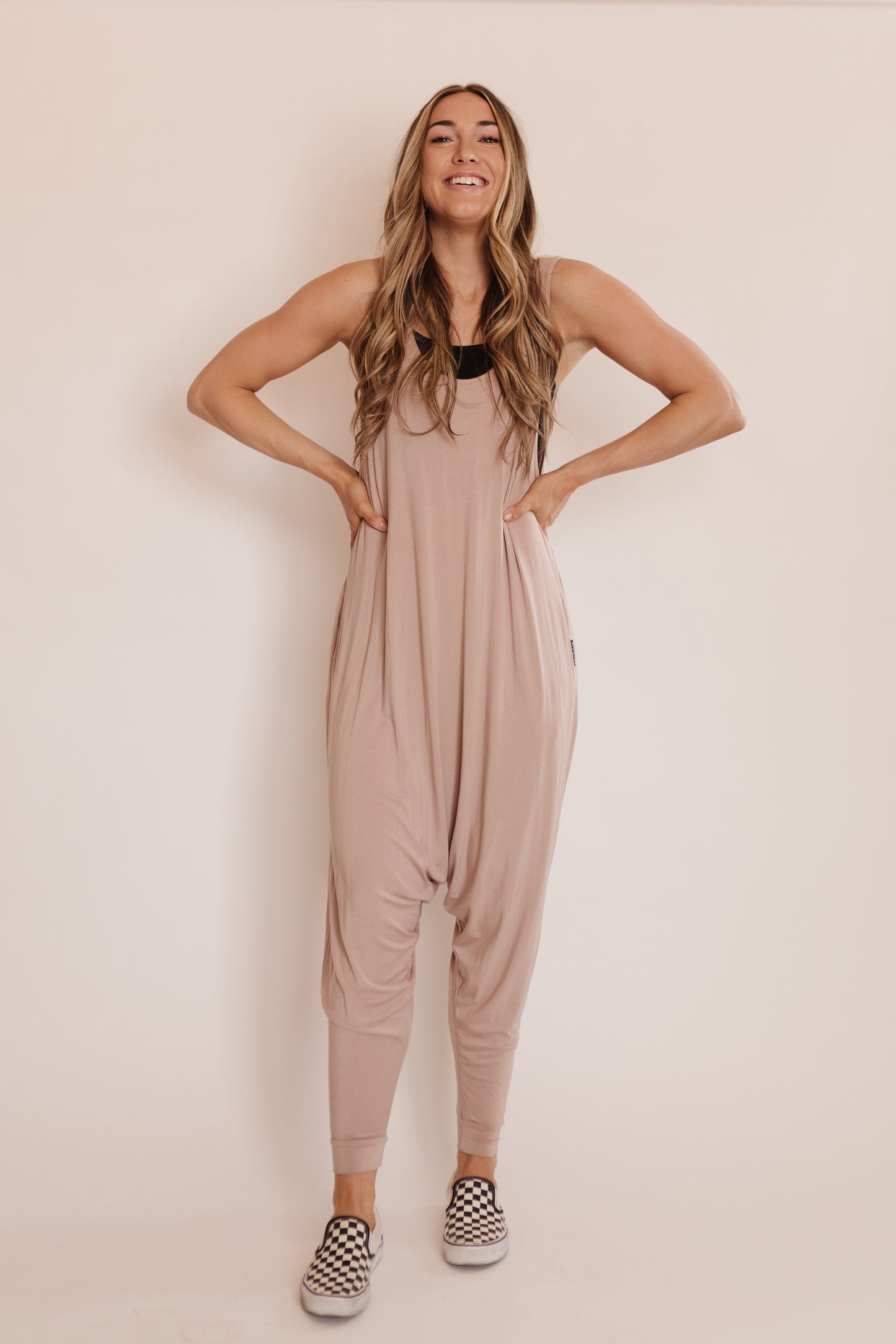 Momper Romper jumpsuit in taupe pink.