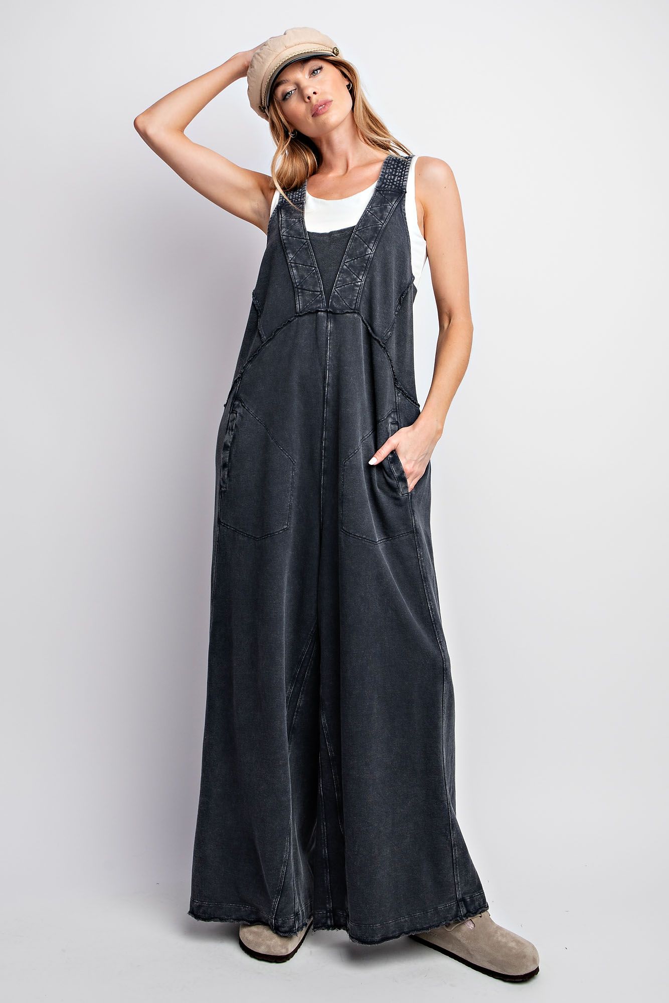 Black Mineral Wash Romper Jumpsuit.