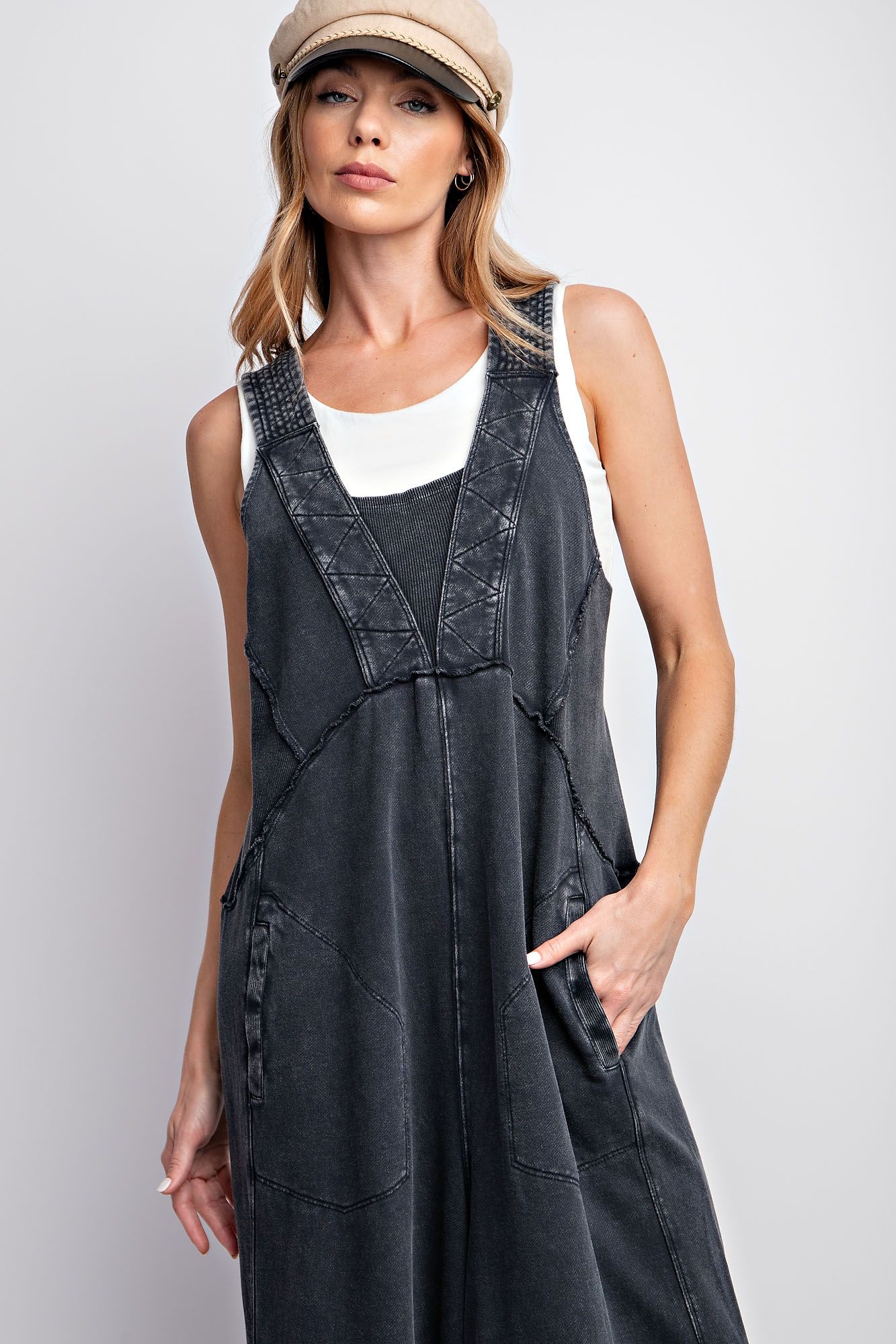 Black Mineral Wash Romper Jumpsuit.
