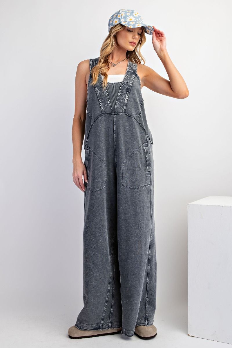 Black Denim Mineral Wash Romper Jumpsuit.