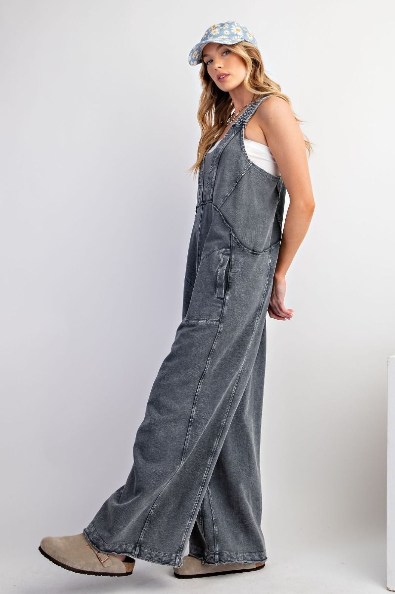 Black Denim Mineral Wash Romper Jumpsuit.