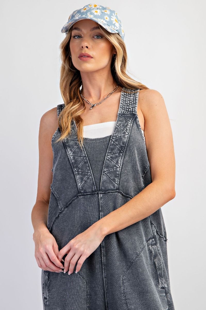 Black Denim Mineral Wash Romper Jumpsuit.