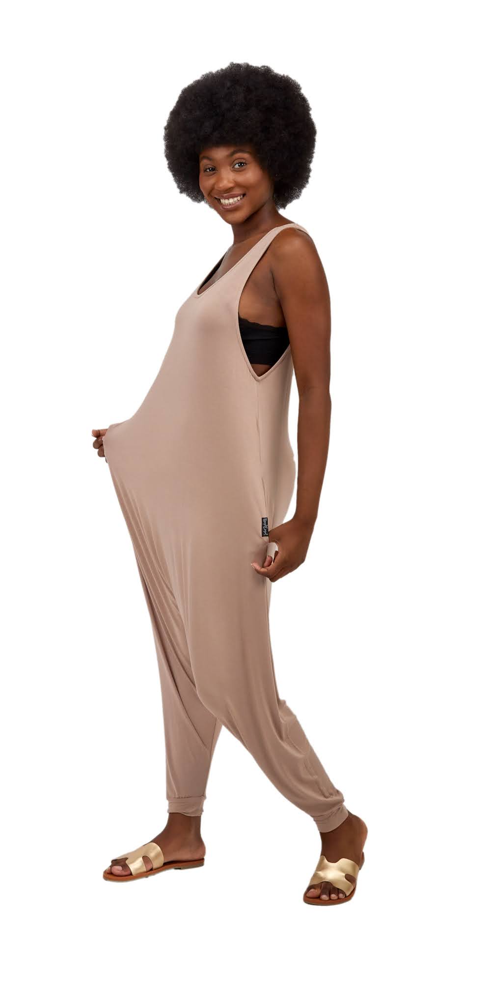 Women's Momper Romper in taupe.