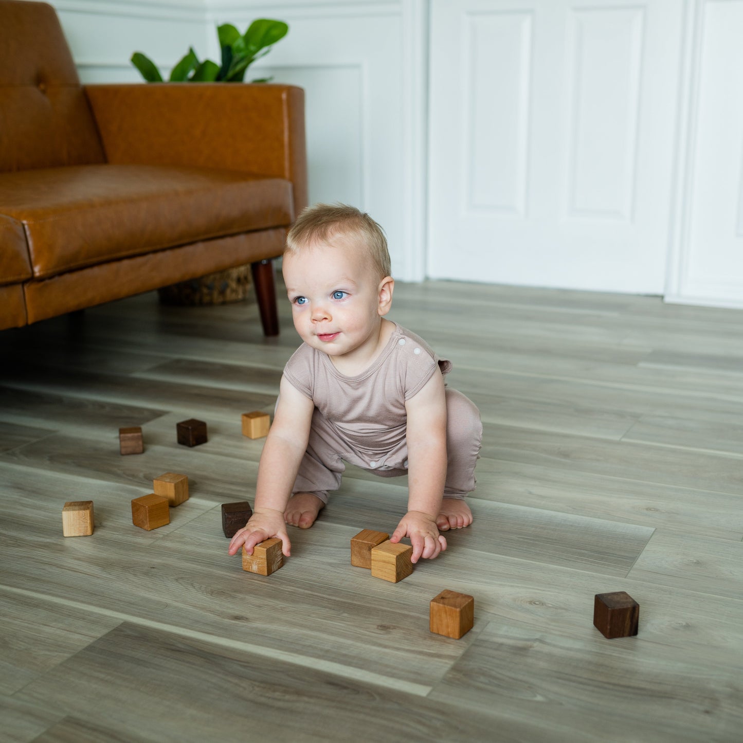Baby Romper Romper Jumpsuit in Taupe.