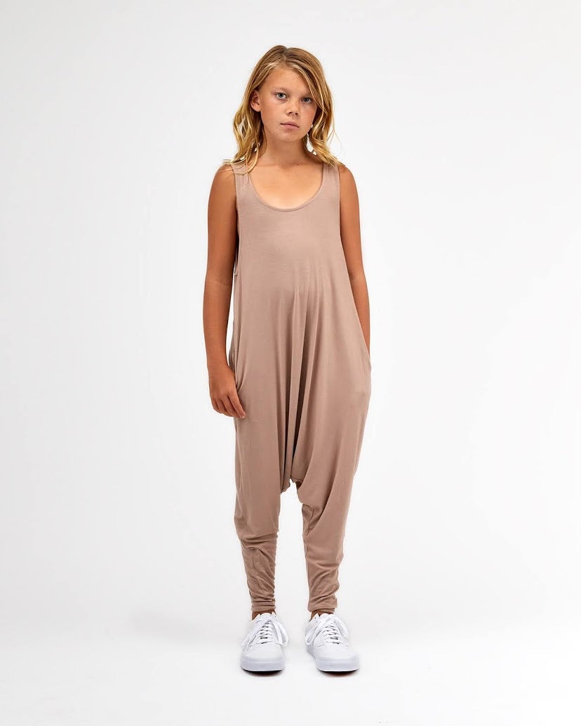 Big Kids Momper Romper in Taupe.