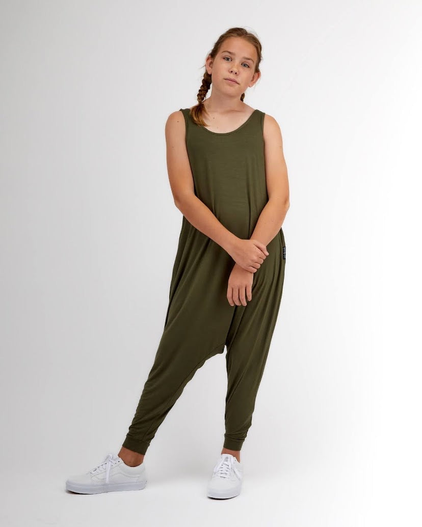 Big Kids Momper Romper in Olive Green,