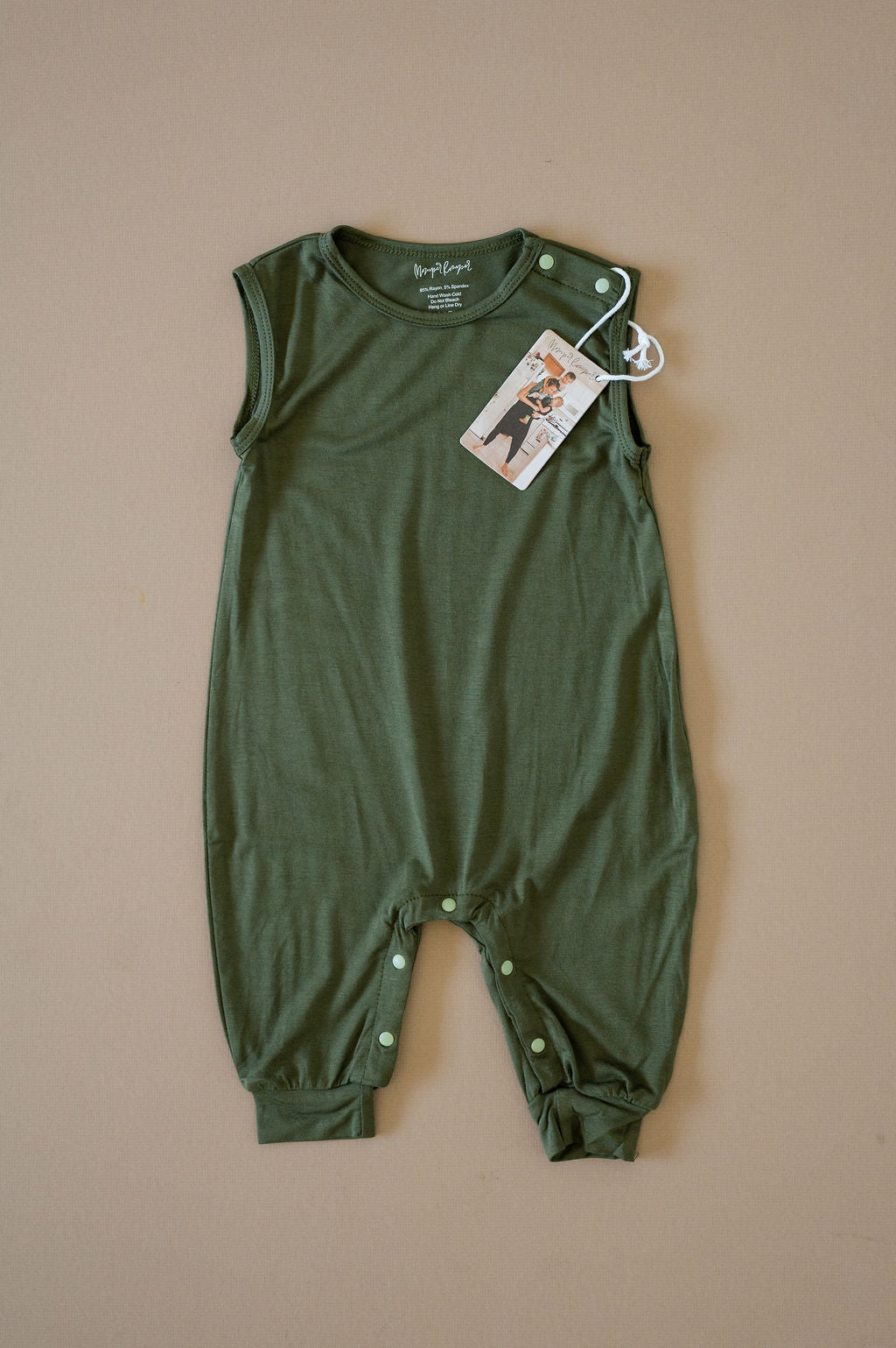 Olive green baby Momper Romper.