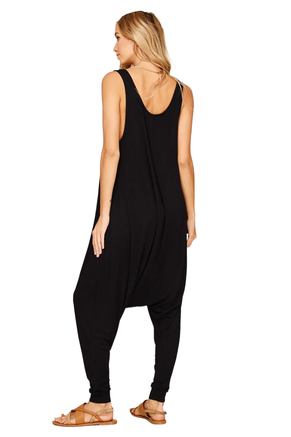Women's romper in black back view.