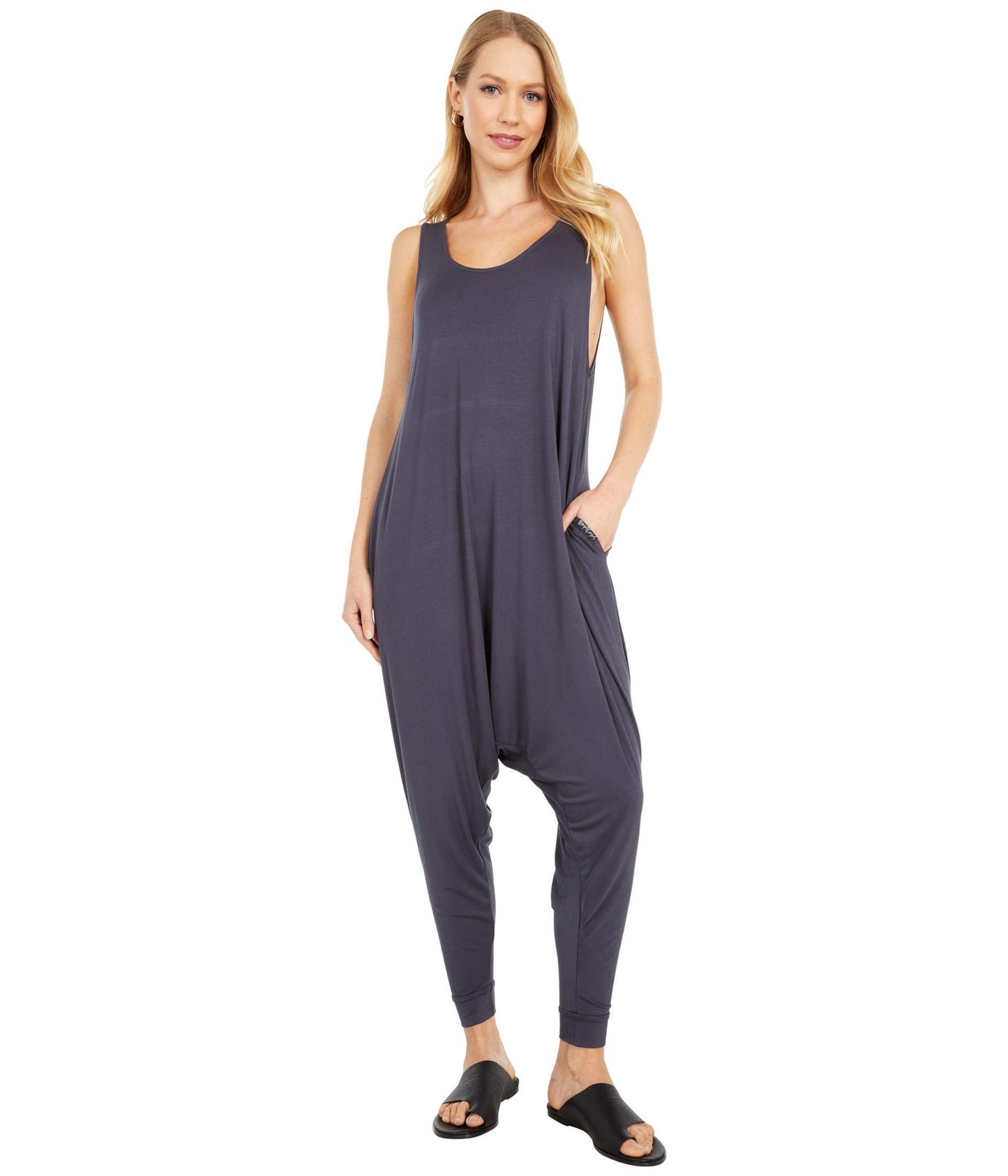 Adult Women's Momper Romper in slate blue.