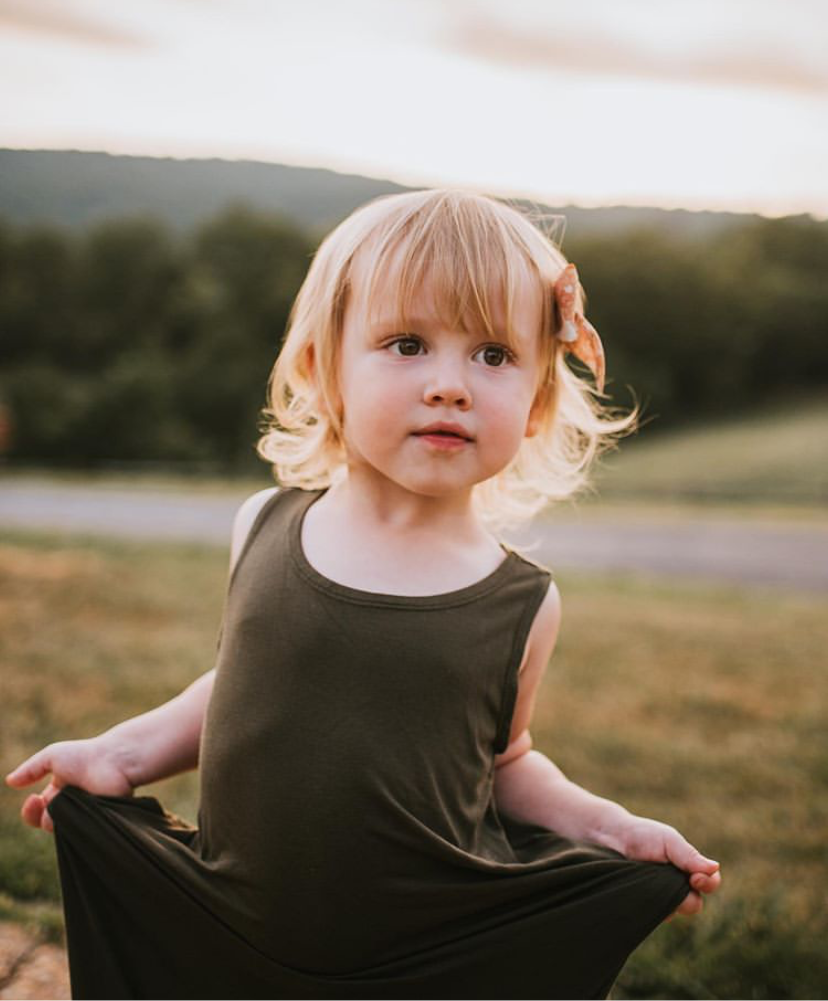 Toddler Momper Romper in olive green.