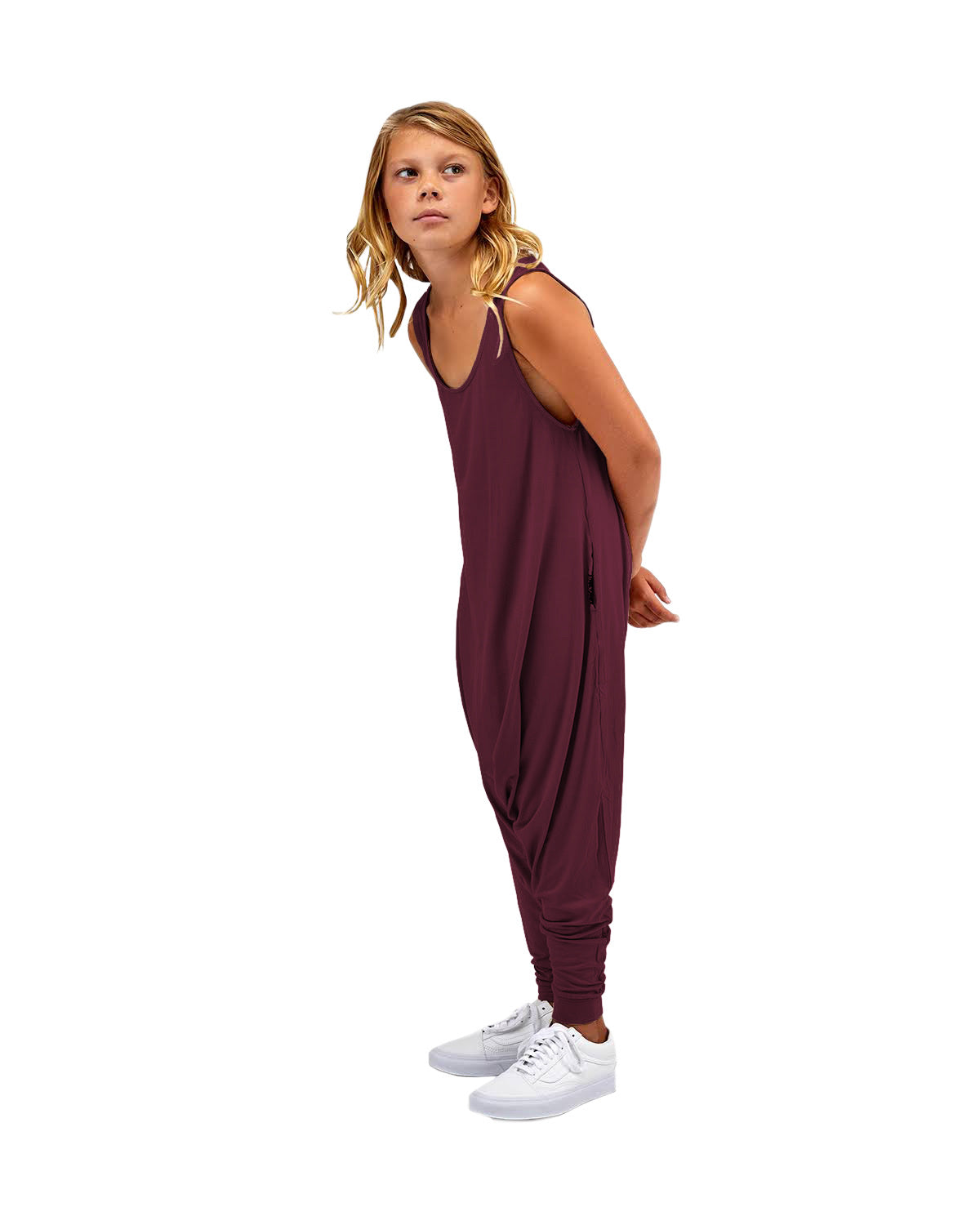 Big Kids Momper Romper in Desert Rose Purple.