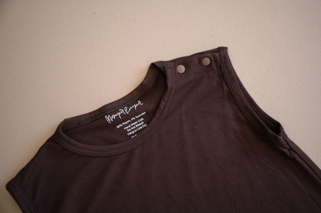 Baby Momper Romper in Espresso Brown.