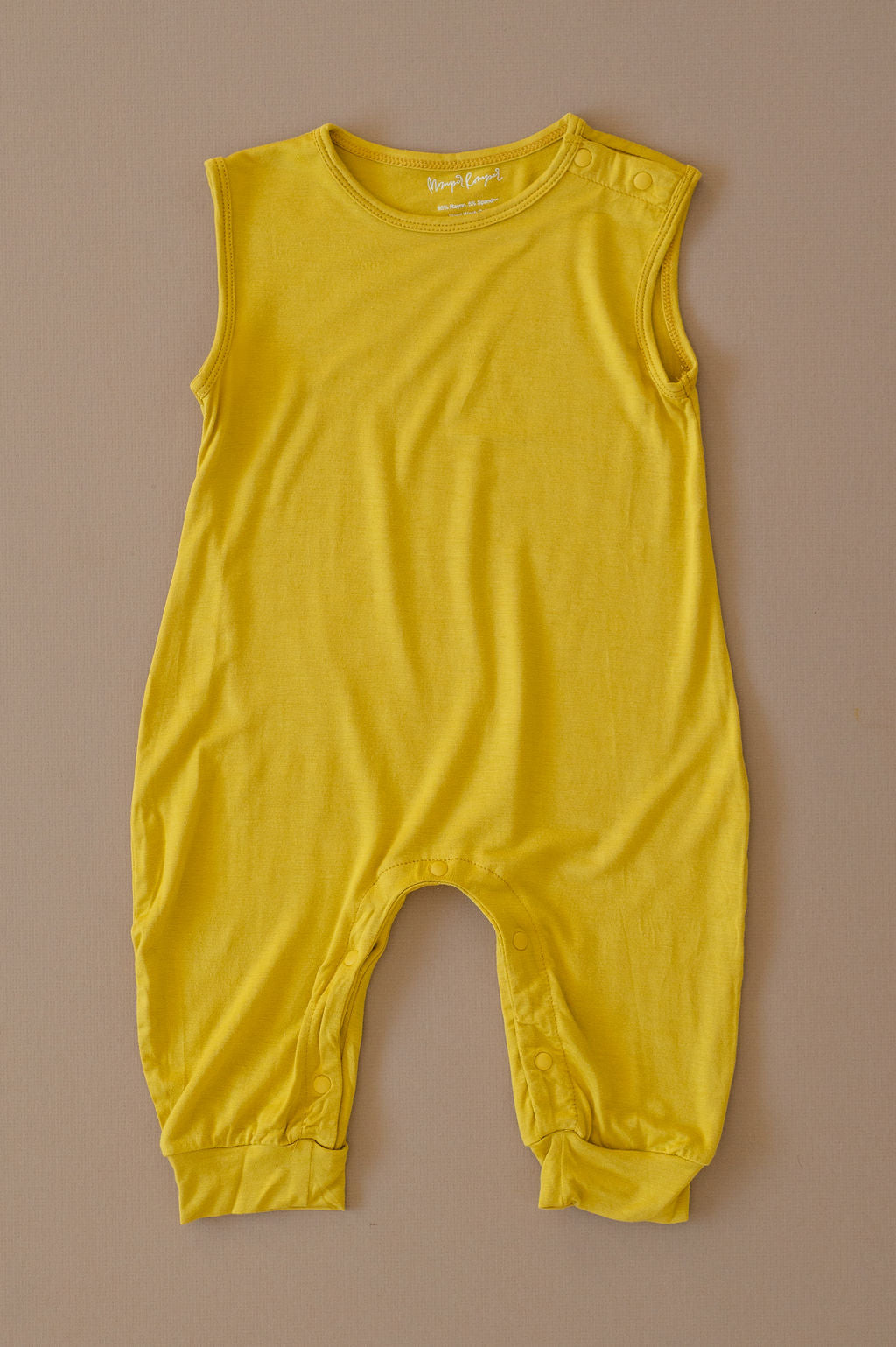 Mustard yellow baby Momper Romper.