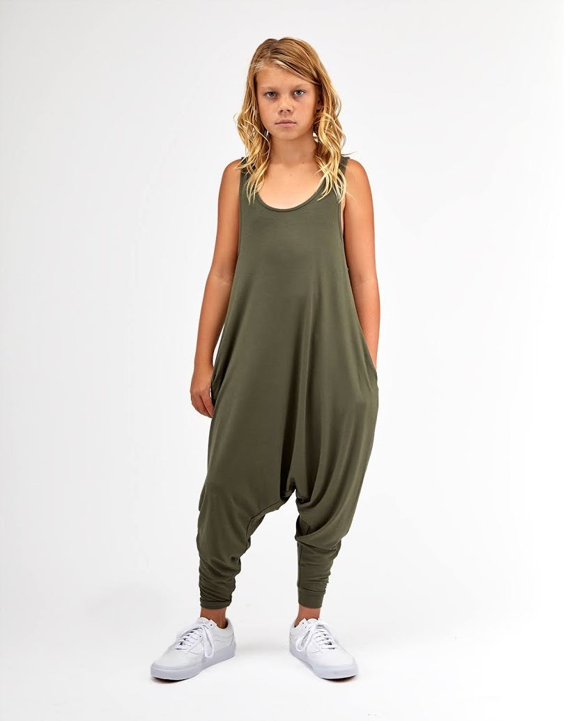 Big Kids Momper Romper in Olive Green,
