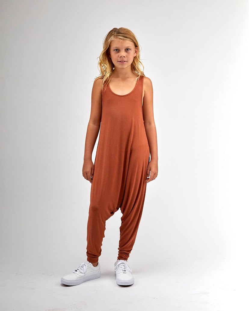 Big Kids Momper Romper in Terra Burnt Orange.