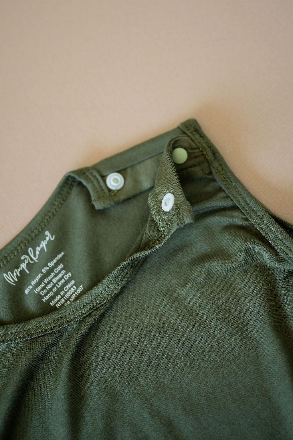 Olive green baby Momper Romper.