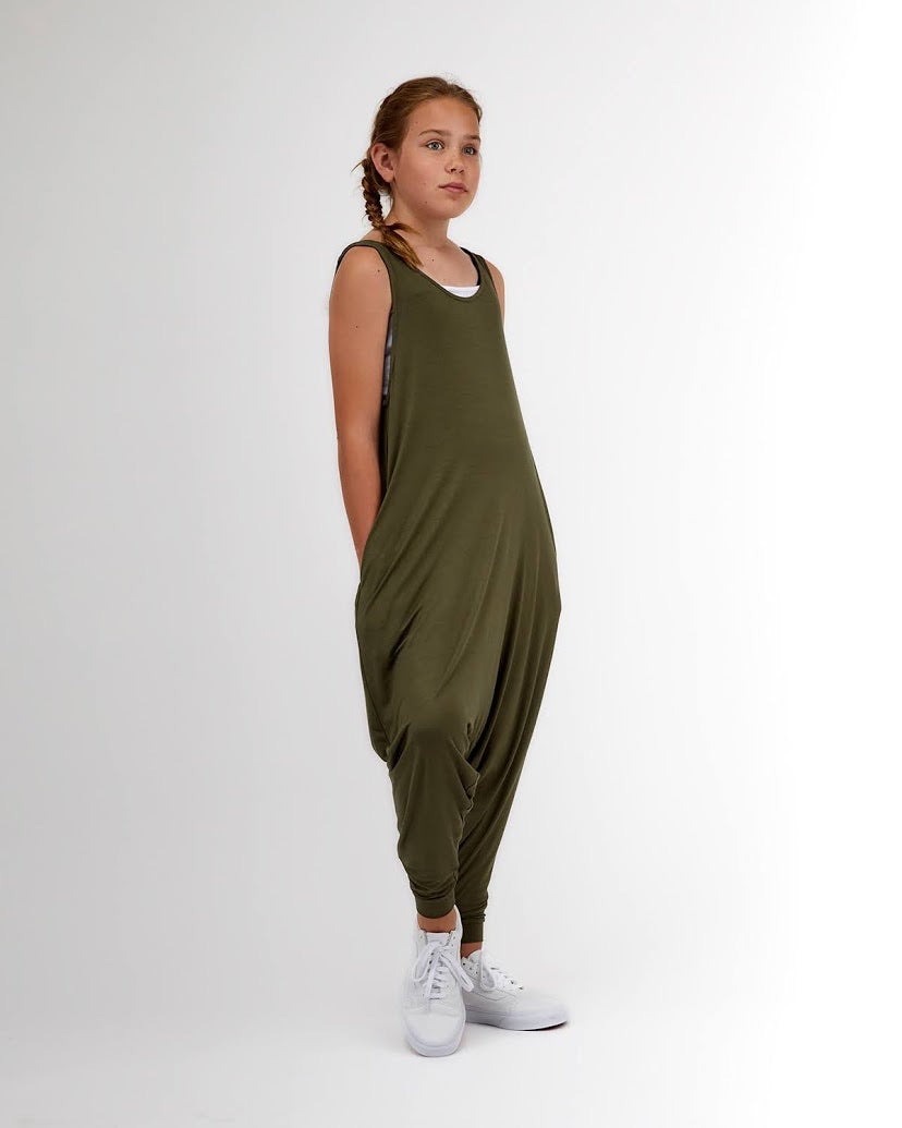 Big Kids Momper Romper in Olive Green,