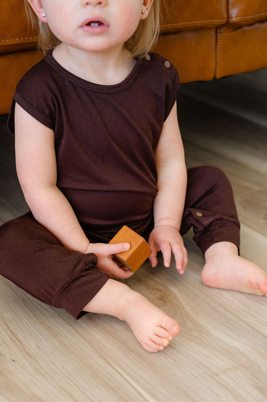 Baby Momper Romper in Espresso Brown.