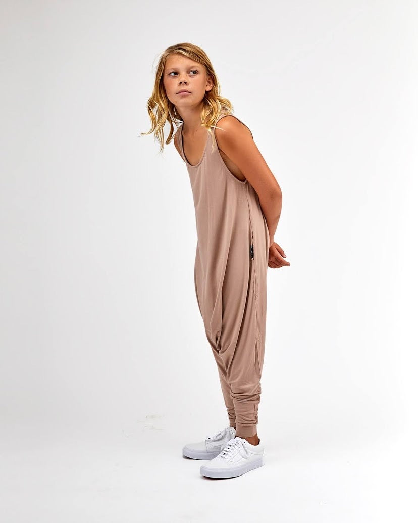Big Kids Momper Romper in Taupe.