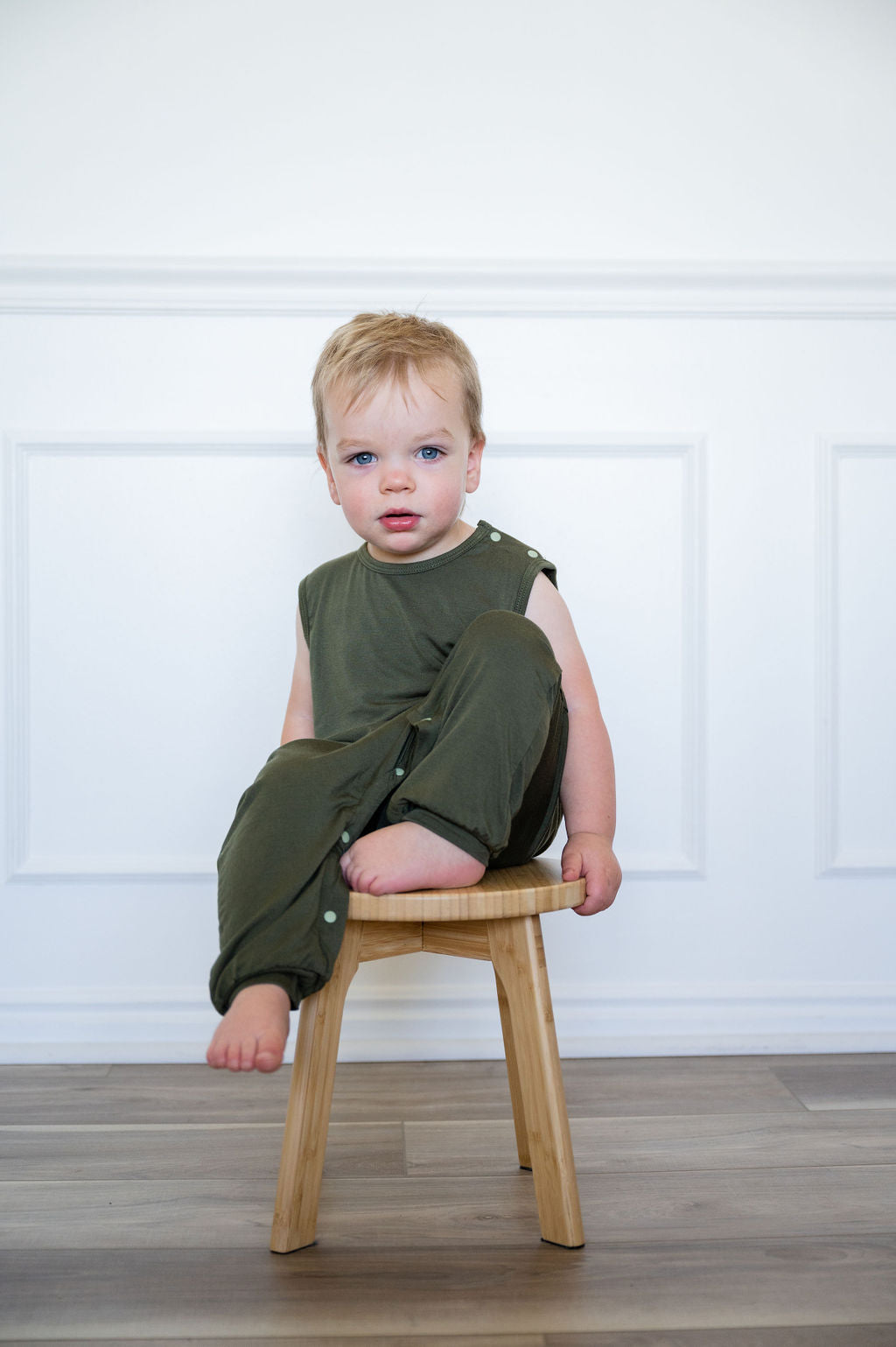 Olive green baby Momper Romper.