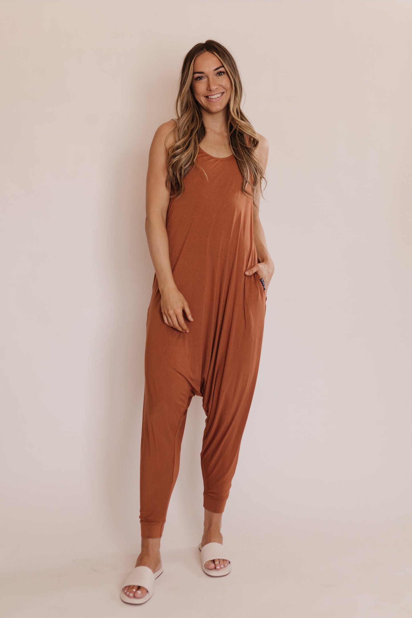 Terra Burnt Orange Momper Romper jumpsuit.