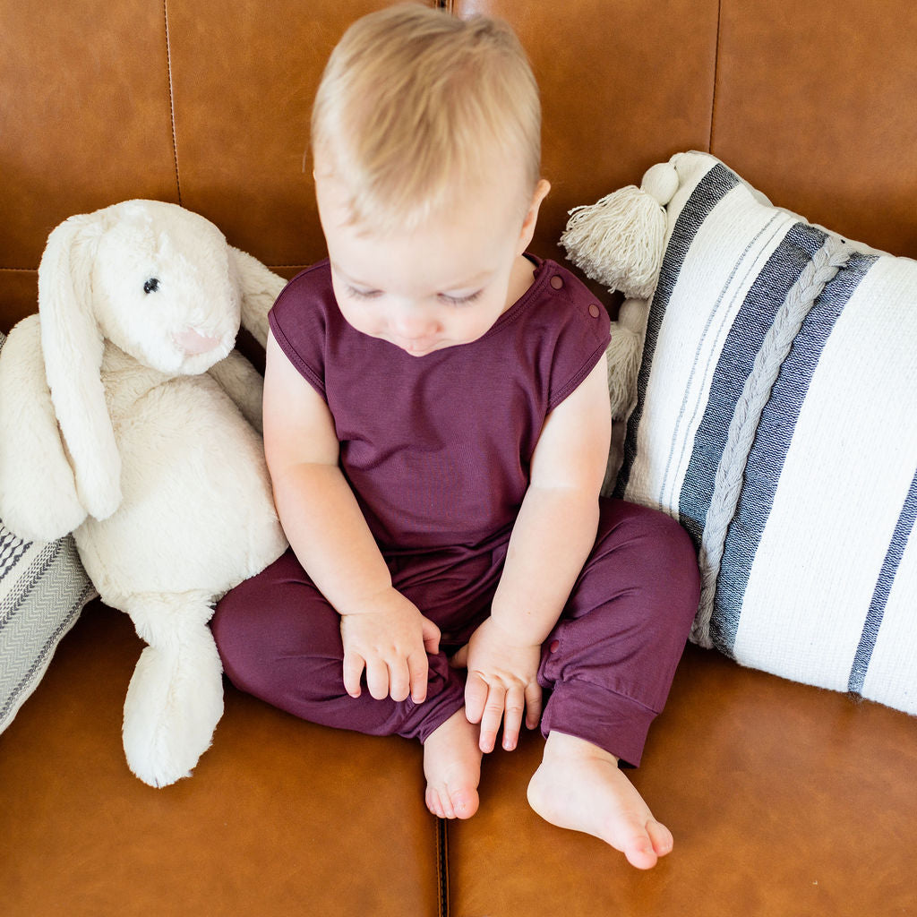 Baby Momper Romper in desert rose purple.
