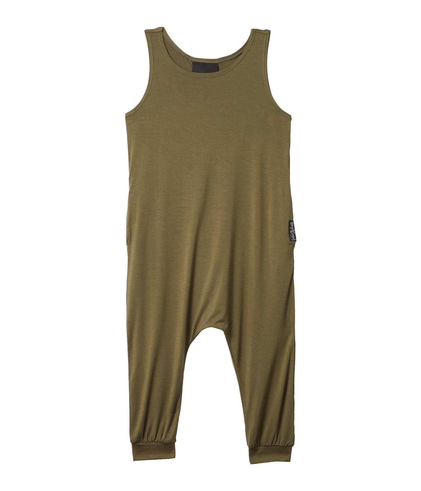 Toddler Momper Romper in olive green.
