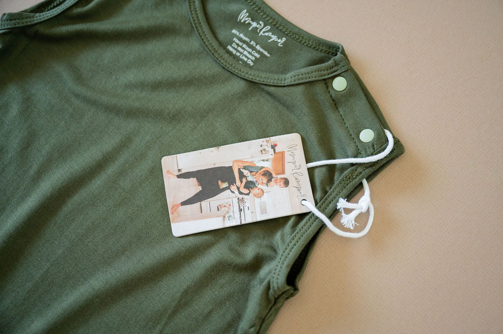 Olive green baby Momper Romper.