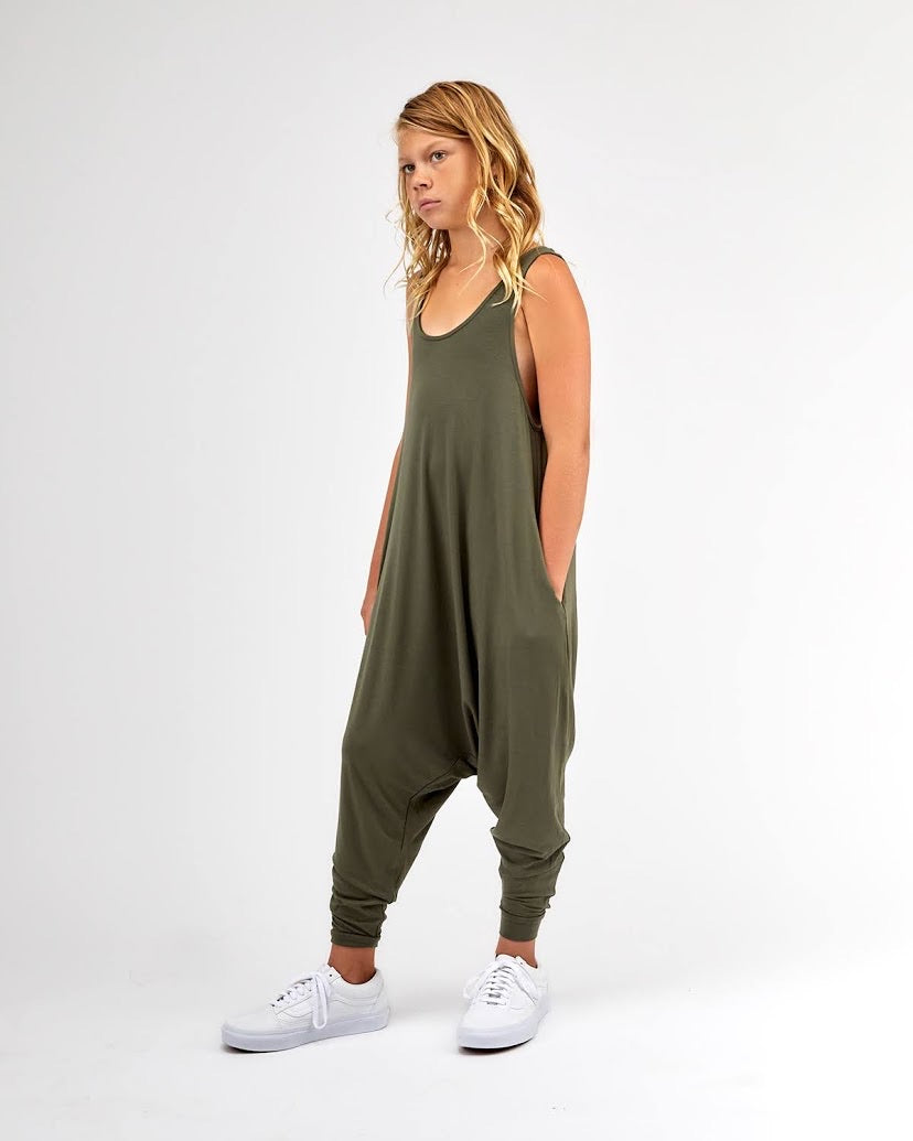 Big Kids Momper Romper in Olive Green,
