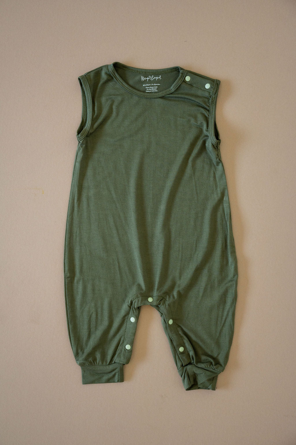 Olive green baby Momper Romper.