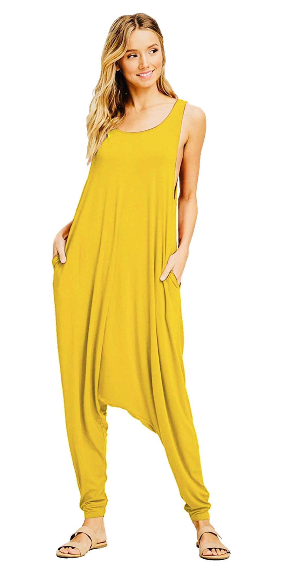 Momper Romper jumpsuit for women in mustard yellow.