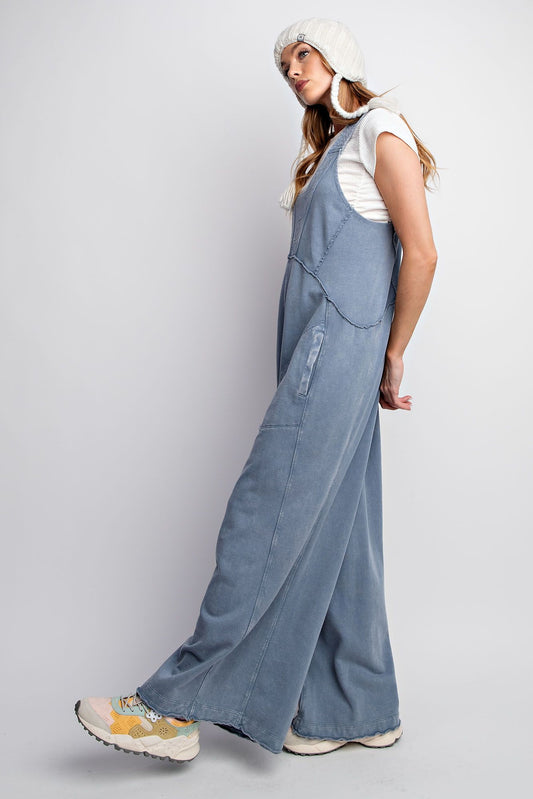 Black Denim Mineral Wash Romper Jumpsuit.