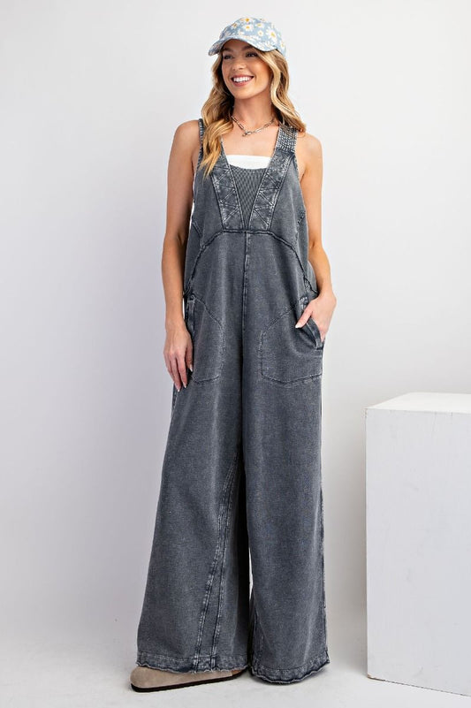 Black Denim Mineral Wash Romper Jumpsuit.