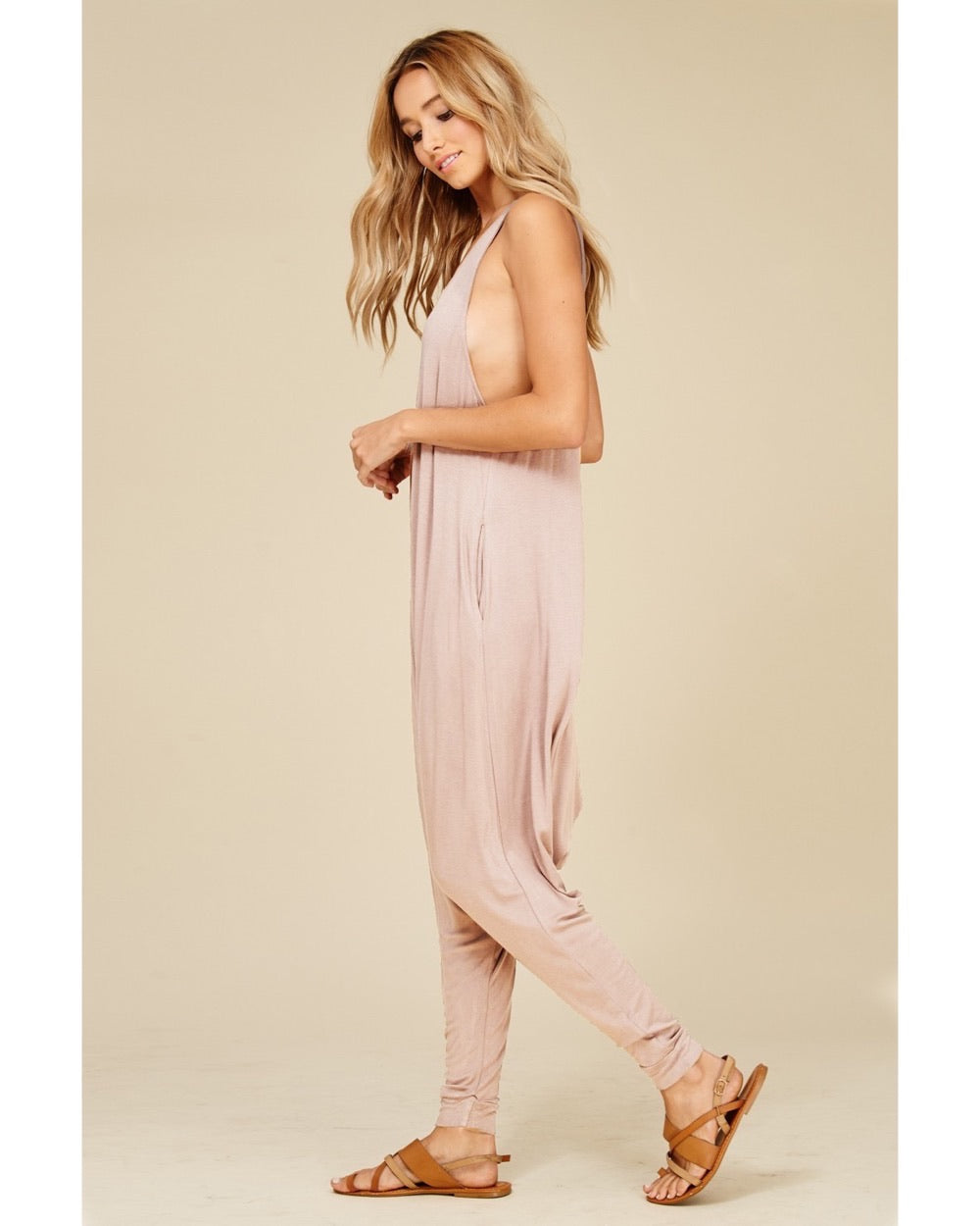 Women's Momper Romper in taupe with pockets.